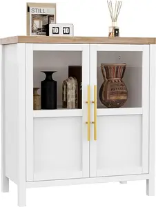 White Sideboard Buffet Cabinet with Two Glass Doors Compact Modern Farmhouse Storage White