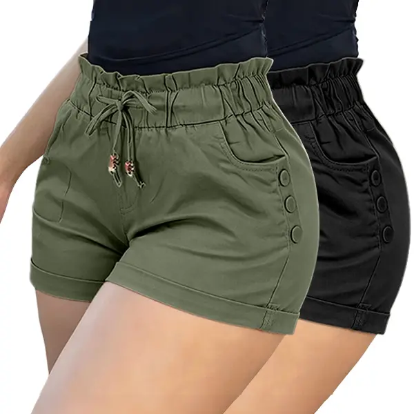 Ladies Dual-Pack Gathered Waist Short Set, Stretchy Ruffle Waist Fits Different Waist Measurements, Elegant Side Button Details, Tidy Turn-up Hems, Suitable for City Errands, Coastal Walks and Weekend Summer Trips