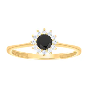 10kt Yellow Gold Womens Black White Cubic-Zirconia Flower Engagement Ring