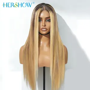 HERSHOW wigs 100% Raw Hair balayage wigs Brown Roots to Golden yellow Gradient with highlights HD Transparent Swiss Lace Free Parting Style in any direction can be permed into any style High-end private customization making it truly unique and distinctive