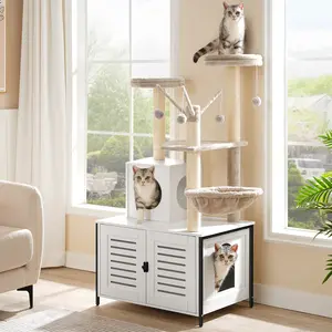 HOOBRO Cat Tree with Scratching Posts, Cat Tower Litter Box Enclosure Furniture for Indoor Cats, All-in-One Wooden Cat House Condo with Cat Hammock, Detachable Teaser Sticks, White Pet Supplies #SummerVibes #petlovers
