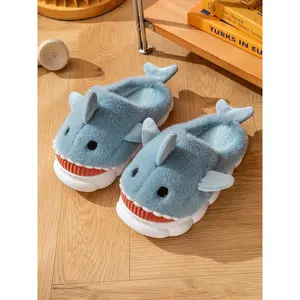 Men's Cute Fluffy Cartoon Shark Design Plush Home Slippers, Casual Soft Fuzzy Plush Pillow-like Comfortable Home Slippers, Warm & Cozy Slippers for Fall & Winter Wear, House Shoes, Footwear