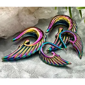 PAIR of Stunning Rainbow Steel Angel Wings 316L Surgical Steel Hanging Tapers Expanders - Gauges 12g (2mm) thru 0g (8mm)