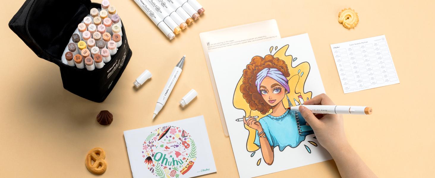 Ohuhu Skin Tone Alcohol Markers: Brush & Fine - 36 Colors - Portrait Skin Color Markers for Artist Adults Coloring Illustration - Fine and Brush Dual Tips - Refillable - AP Certificated - Honolulu B Series of Ohuhuart