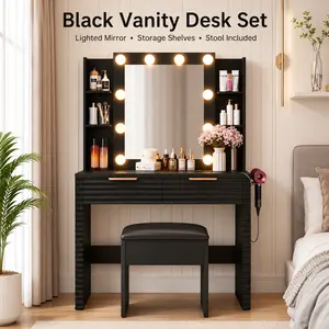 Black Fluted Makeup Vanity Desk With 10 Hollywood Bulbs Charging Station 2 Drawers And 4 Open Shelves Hairdryer Holder Padded Stool With Storage