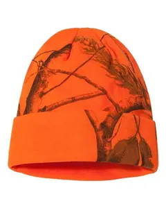 Warm 12" Licensed Camo Cuffed Beanie - Orange Camouflage Cotton/Poly Blend Acrylic Lining Chilly Days Outdoor Essential Hat