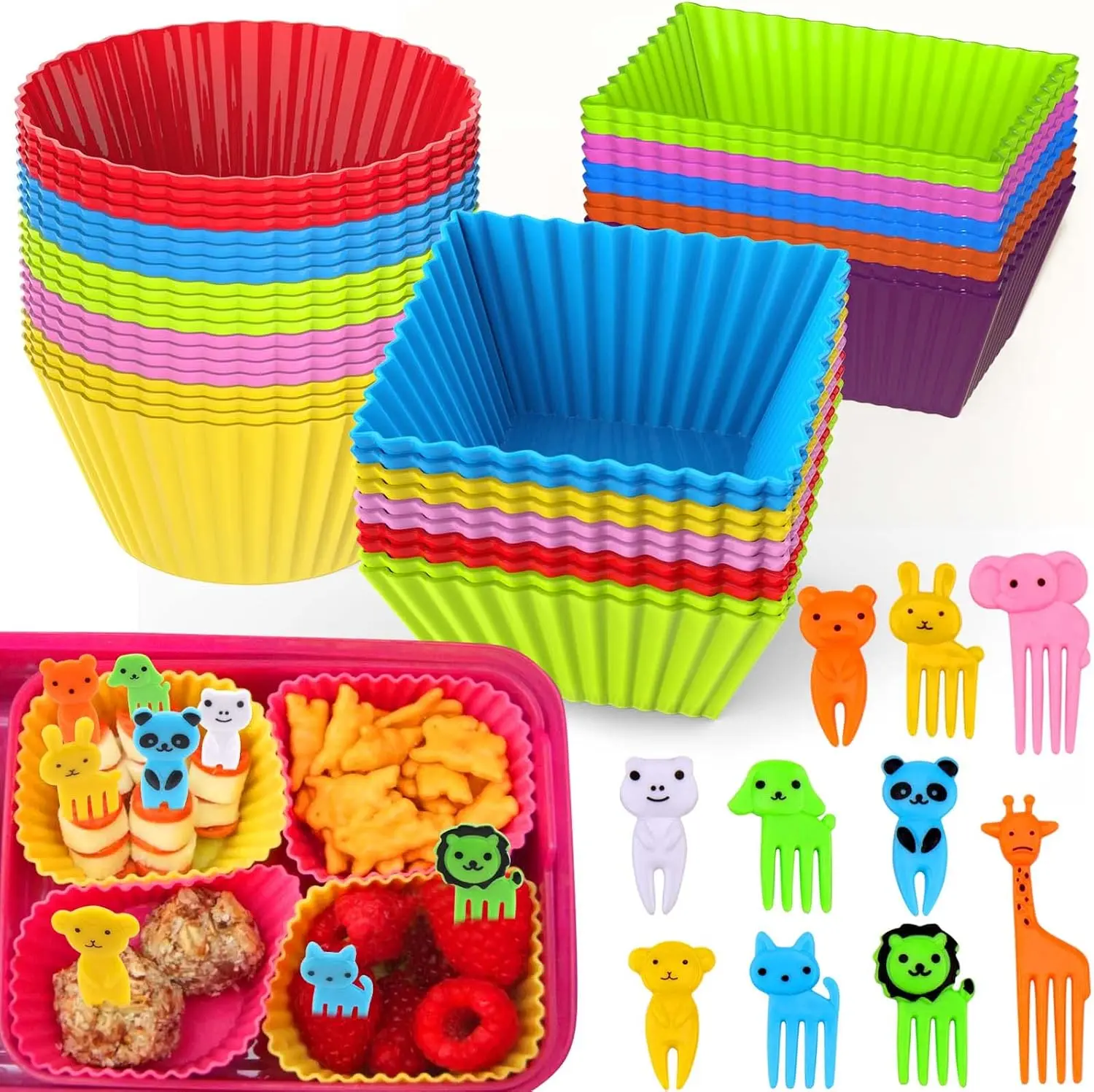 60 PCS Bento Box Lunch Box Kit with Silicone Dividers and Animal Food Picks for Kids - BPA Free - Utensils, Kitchen