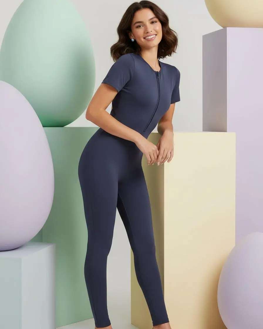 Stylish Bodycon Jumpsuit for Women, Short Sleeve Athletic Romper with an Open Back & Zip Front, Body-hug Fit in Polyester Stretch Fabric, Fit Jumpsuits, Jumpsuits For Women