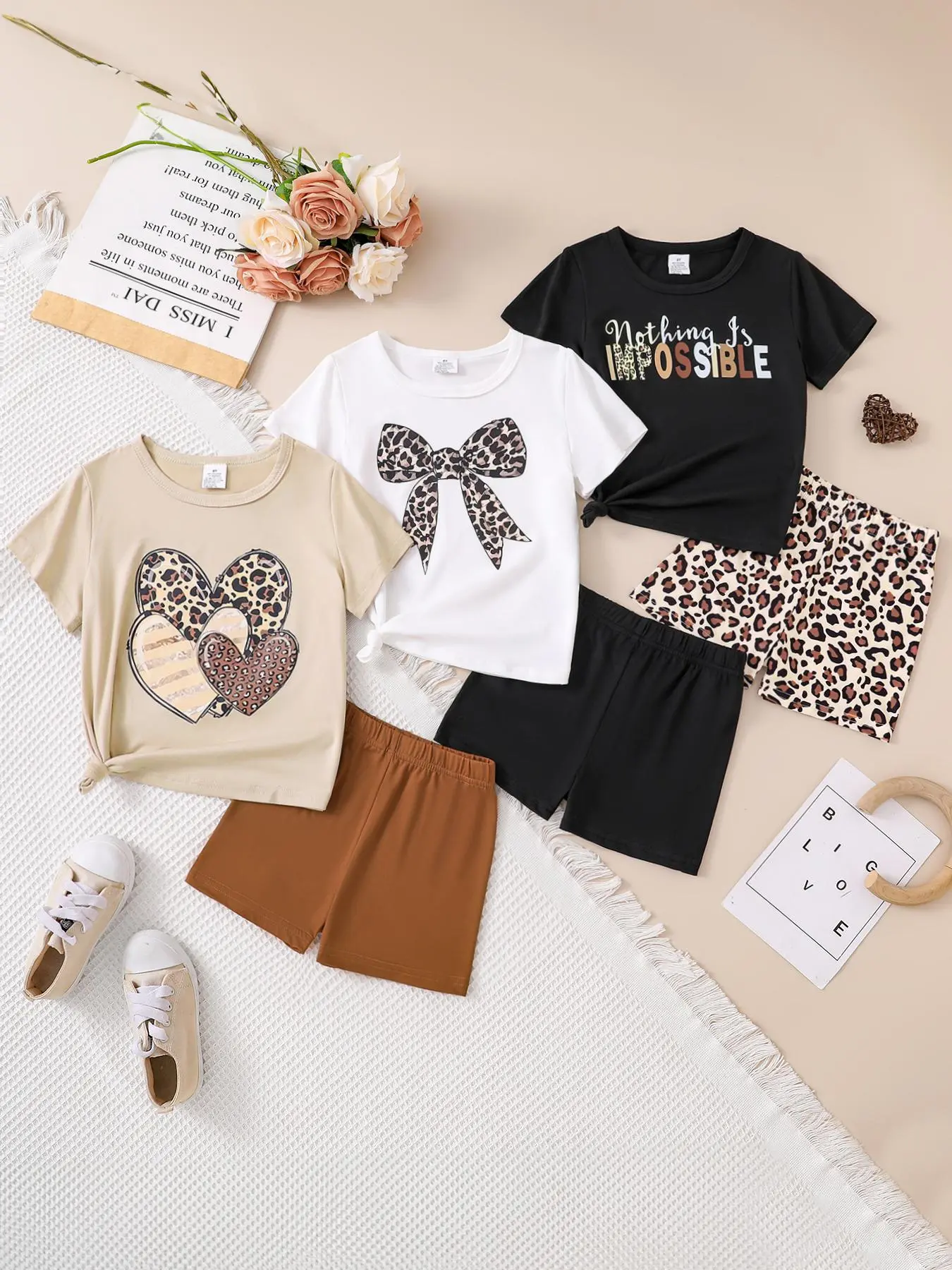 Girl's Leopard Print Tee & Elastic Waist Shorts Set, Casual Short Sleeve T-shirt & Shorts Set, Kids Summer Clothes