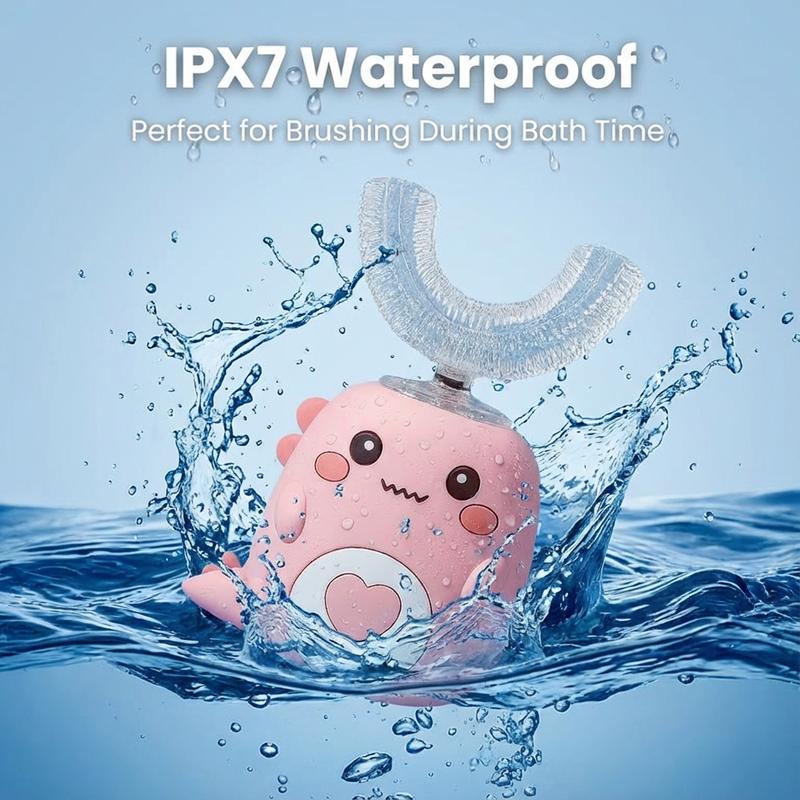 Kids U Shaped Electric Toothbrush with 3 Brush Heads, Sonic Toothbrush Kids with 5 Modes, Cartoon Dinosaur 360-Degree Cleaning IPX7 Waterproof Design