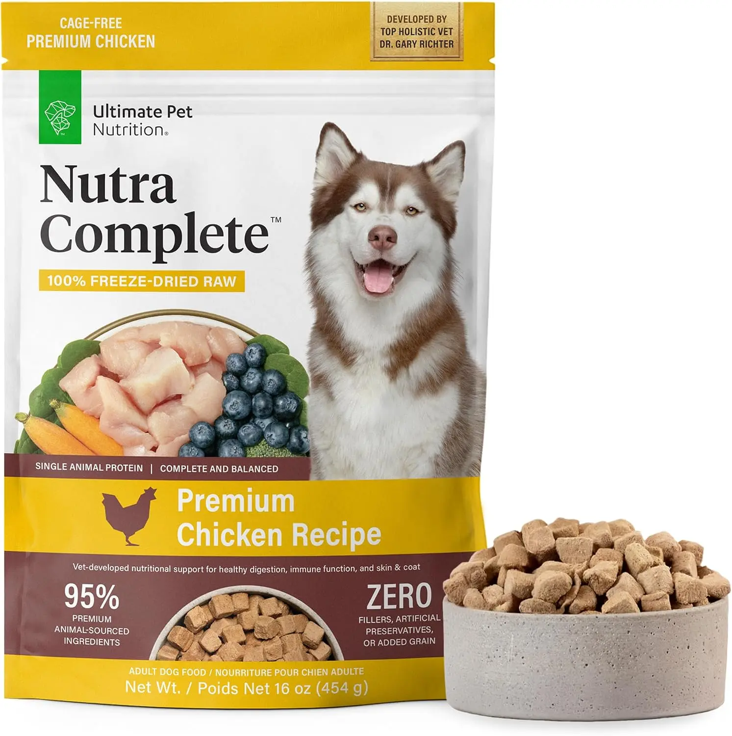 ULTIMATE PET NUTRITION Nutra Complete Freeze-Dried Dog Food, Chicken 1lb | Vet-formulated with antioxidants, prebiotics, & amino acids, full meal or topper for adult canines, all breeds & sizes