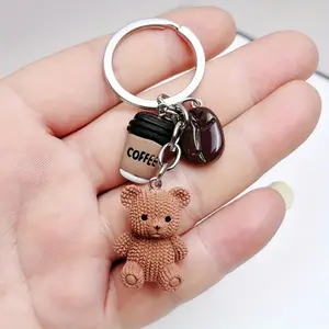1 Pcs Cute Teddy Bear Coffee Charm Keychain-Brown (Coffee Bean Colorway) with Metal Ring Closure-Birthday, Coffee Lover Gift, Party Small Gift, Bag & Notebook Decoration-Ladies Fashion Accessories, Fun Design, Durable Metal Ring