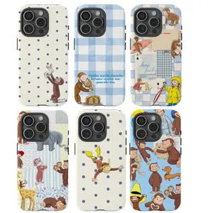 GFL-Curious Georgeee Blue & Cream Phone Case,Cute Cartoon Monkey Phone Case,Polka Dot, Check & Vintage Book Monkey Designs in Blue & Cream For iPhone 11 12 13 14 15 16 17 Air Pro Max for Samsung S26 S25 S24 S23 S22 S21 Case,Gift for her/him/fans