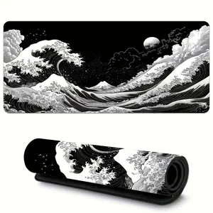 1pc Extra-Large Japanese Black Wave Gaming Mouse Pad, Ergonomic Design, Anti-Slip Rubber Base, Artistic Japanese Landscape Design, Suitable For Computers And Tablets, Durable Smooth Surface