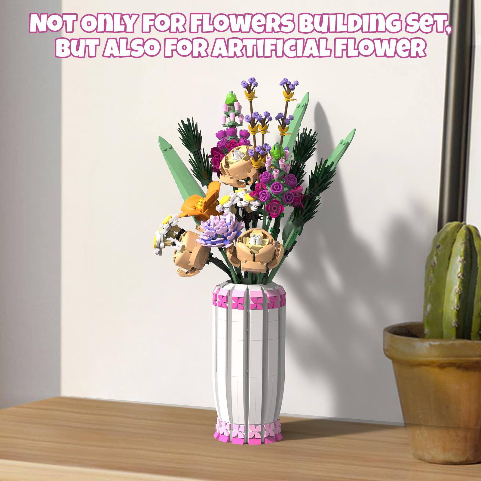 TENHORSES Pink Vase for Lego Flower Bouquet Building Decoration Set and Artificial Flowers, Ideal for Valentine's Day Gifts for Girls Box Decorative Colorful Fruit Plants Ornaments