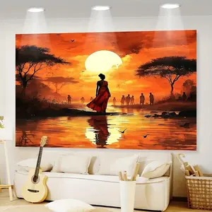 1pc African Sunset Reflection Wall Art - Machine Washable Polyester Tapestry with Vibrant Orange Hues, Silhouette Figures & Serene Landscape for Bedroom, Office, or Living Room Decor, African Home Decor