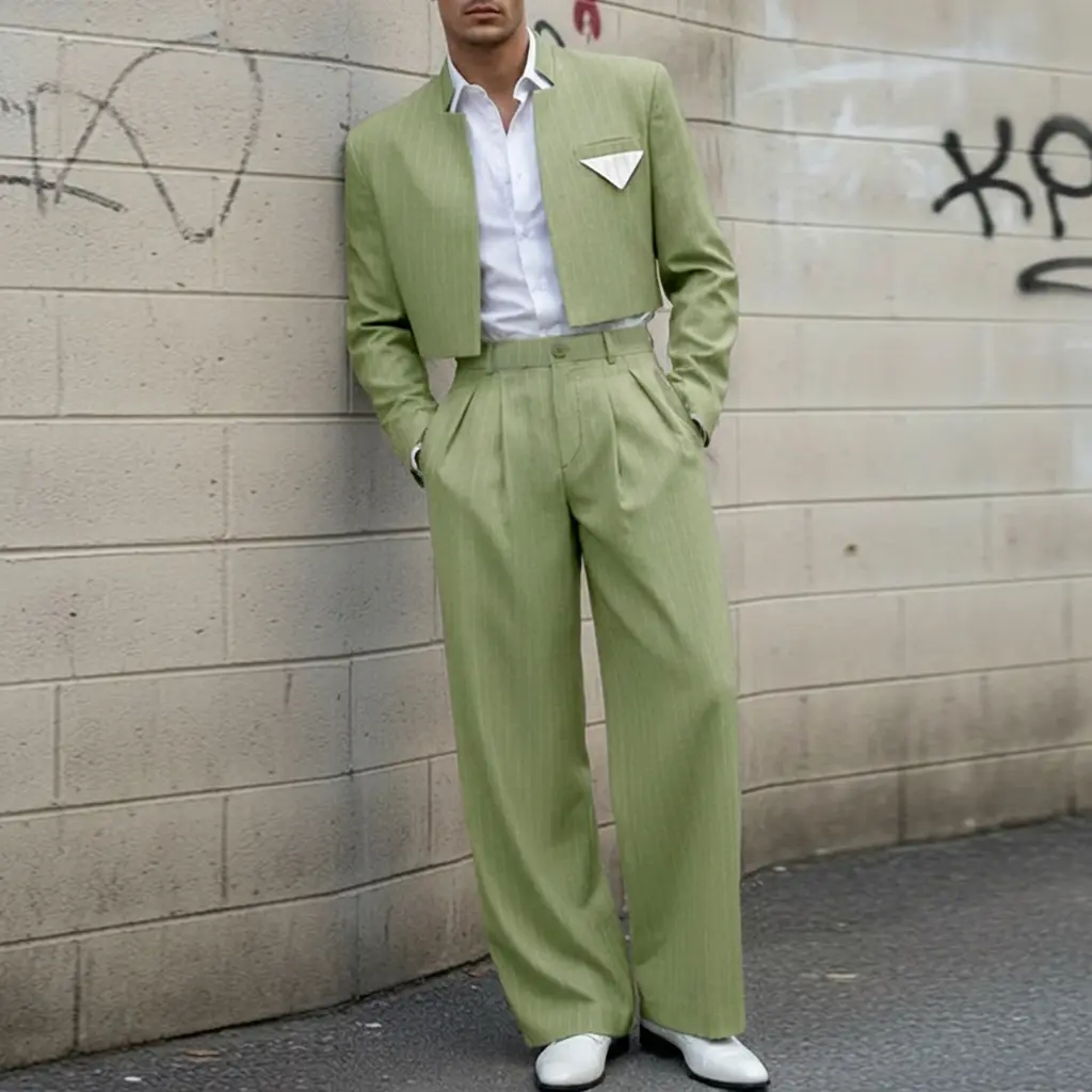INCERUN Men's Pinstripe 2-Piece Set Cropped Blazer & High Waist Wide Leg Pants Suit
