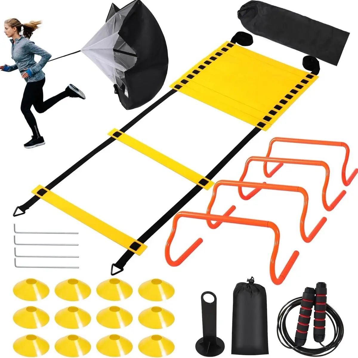 Yokoso Lightweight Foldable Agility Ladder Speed Training Equipment Set - Includes Jump Rope, Agility Hurdles, Disc Cones for Soccer Training, Youth Fitness, Foldable Set