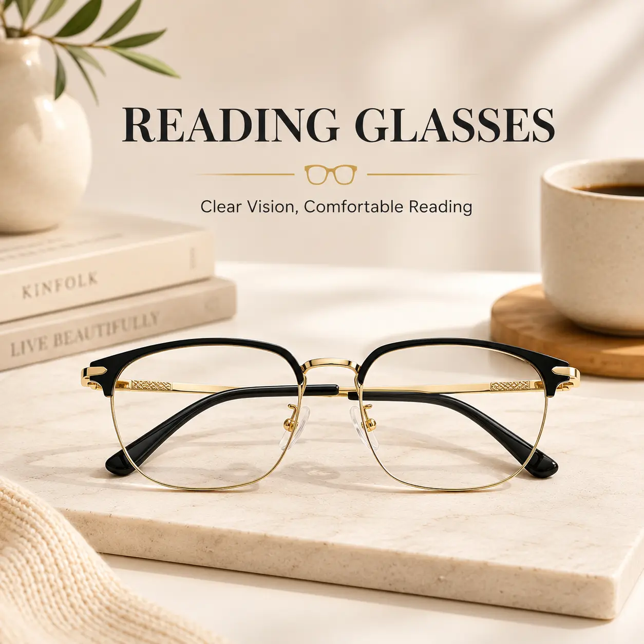 Black Gold Browline Reading Glasses for Men & Women, Photochromic Blue Light Filter Readers, Lightweight Frame with Soft Nose Pads, Non-Prescription Eyewear for Daily Reading