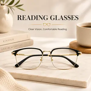 Black Gold Browline Reading Glasses for Men & Women, Photochromic Blue Light Filter Readers, Lightweight Frame with Soft Nose Pads, Non-Prescription Eyewear for Daily Reading