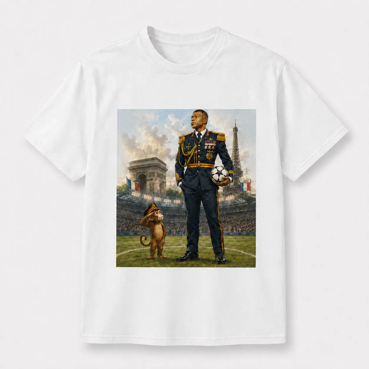 Men's Curious George Soccer Legend Salute Tshirt - Paris Football Graphic Crew Neck Short Sleeve Top, Vintage Military Streetwear, Breathable Cotton, Relaxed Fit, Cold Wash, Casual Menswear Clothes, Streetwear Look, Lightweight Machine Washable