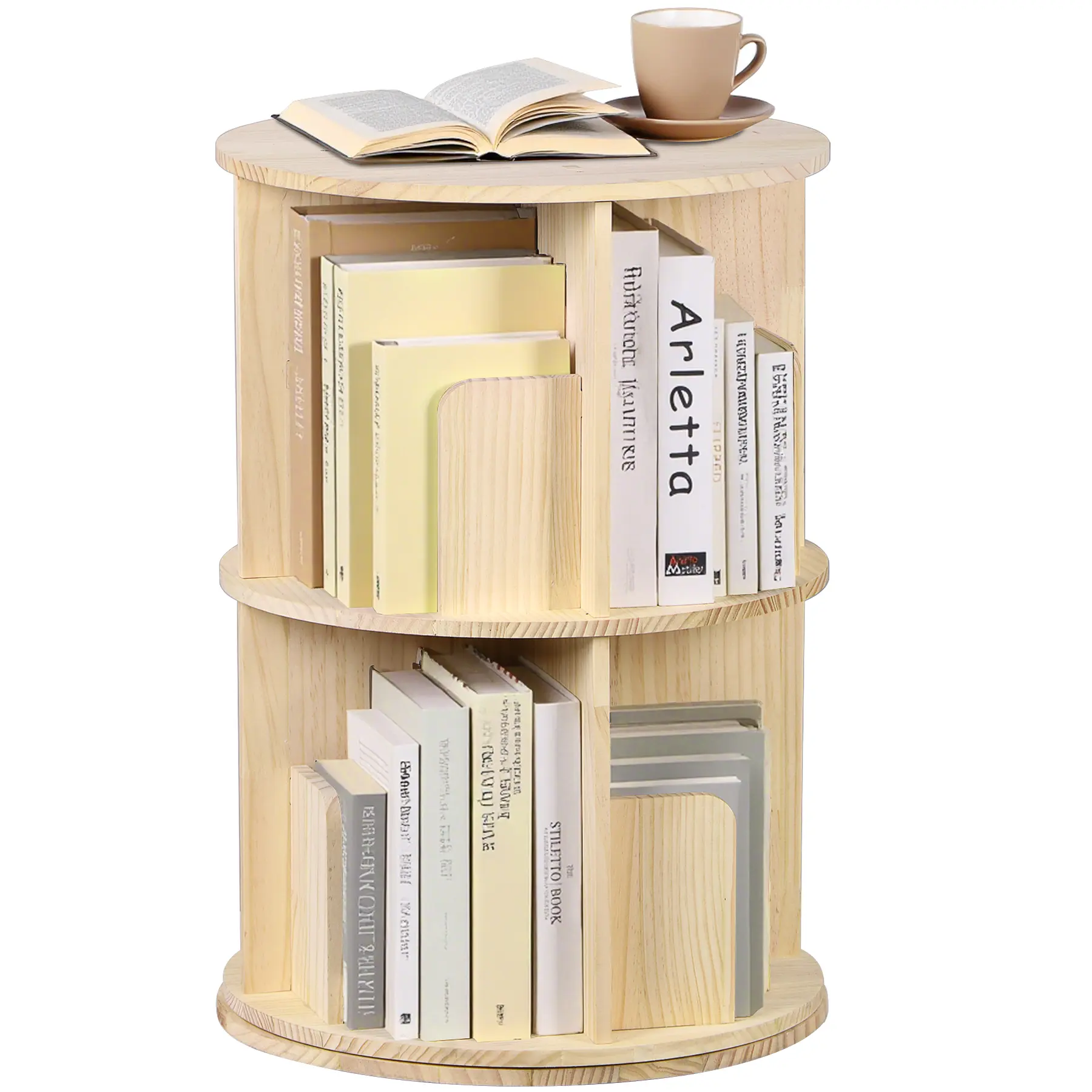 Zenstyle Natural Wooden Book Shelf - 2-Tier Round 360° Rotating Corner Storage System Shelf, Space-Saving Freestanding Organizer with Hardware, Assembly Guide for Bedroom, Retail Spaces