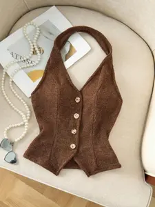 Women's Knitted Halter Fashion Sleeveless Button Back Vest Slim Fit Waist Cinching Backless Top (slightly Transparent)