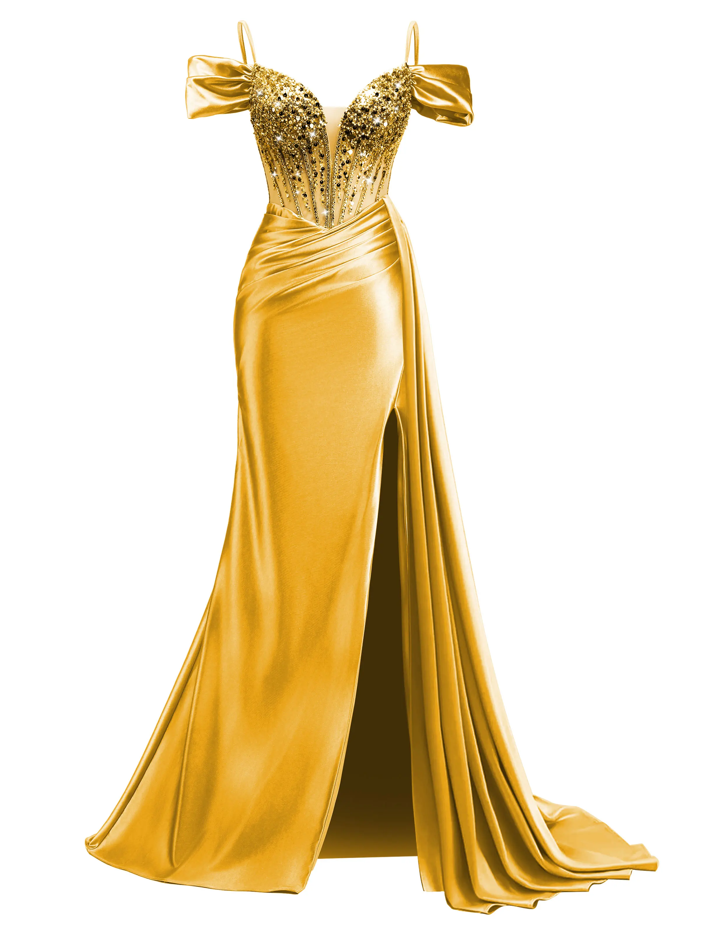 Women's Prom, Wedding Guest, Gala, Cocktail – Off-Shoulder Satin Mermaid Dress with Slit, Train, and Beaded Pleats