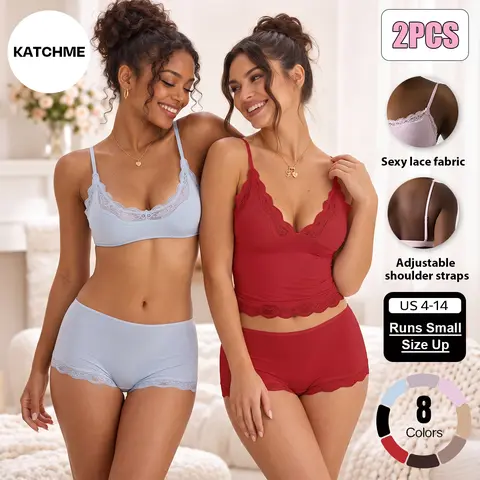 Katch Me Chic Women's Lace Series Adjustable Thin Strap Lace Trim Wirefree Bralette & Panties Set, Casual Lightweight Flattering Underwear Set, Soft Breathable Quick-Drying Womenswear #TikTokMadeMeBuyIt #CurvyOutfits