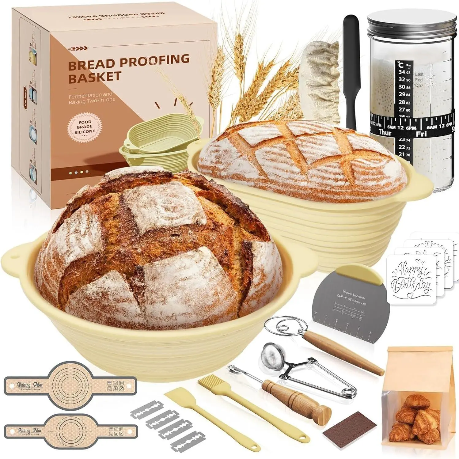 30 Pcs Sourdough Starter Kit,Sourdough Bread Baking Supplies with 10" Round & 10" Oval baskets,Sourdough Bread Kit,Sour Dough Starter Kits for Bakers Wife Mom