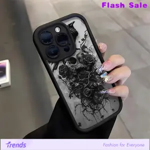 Abstract Crow Skull Rose Flower Pattern Mobile Phone Case for iPhone 16, 15, 14, 13, 12, 11, Plus, Pro, Max,Xsmax. Perfect Birthday Gift for Friends TPU Anti-fall and Dirt-Resistant Protective Soft Case