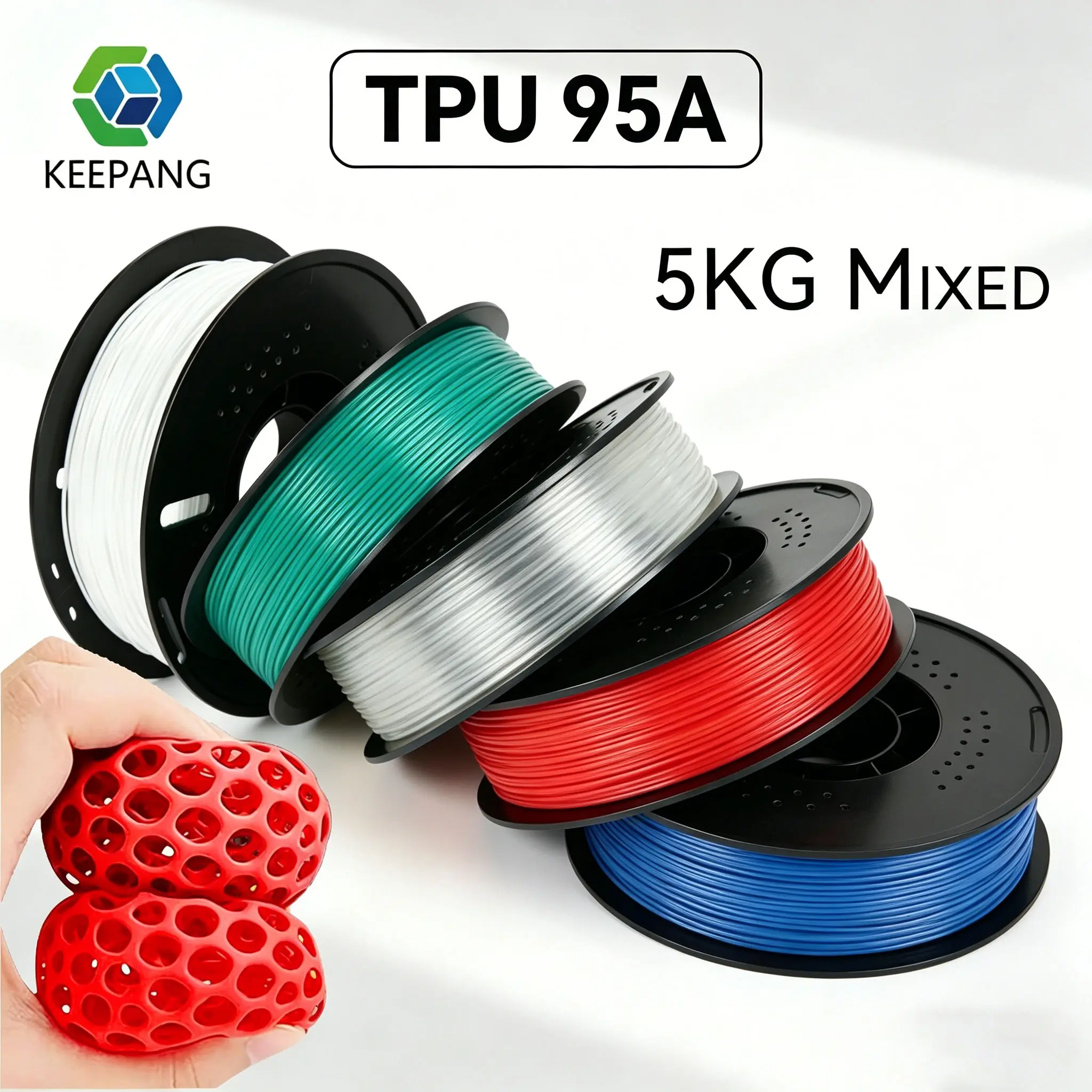 KINGROON TPU 3D Printer Filament 1.75mm, High Flexibility 95A TPU Filament Bundle, Flexible 3D Filament for Smooth Printing, 1KG Spool, 5 Rolls, 5KG in Total, Red+Green+Orange+Black+White fdm glossy