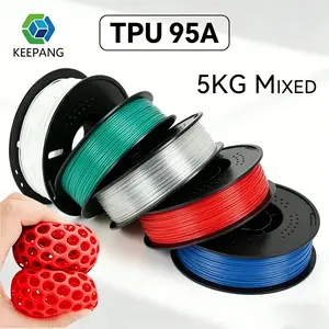 KINGROON TPU 3D Printer Filament 1.75mm, High Flexibility 95A TPU Filament Bundle, Flexible 3D Filament for Smooth Printing, 1KG Spool, 5 Rolls, 5KG in Total, Red+Green+Orange+Black+White fdm