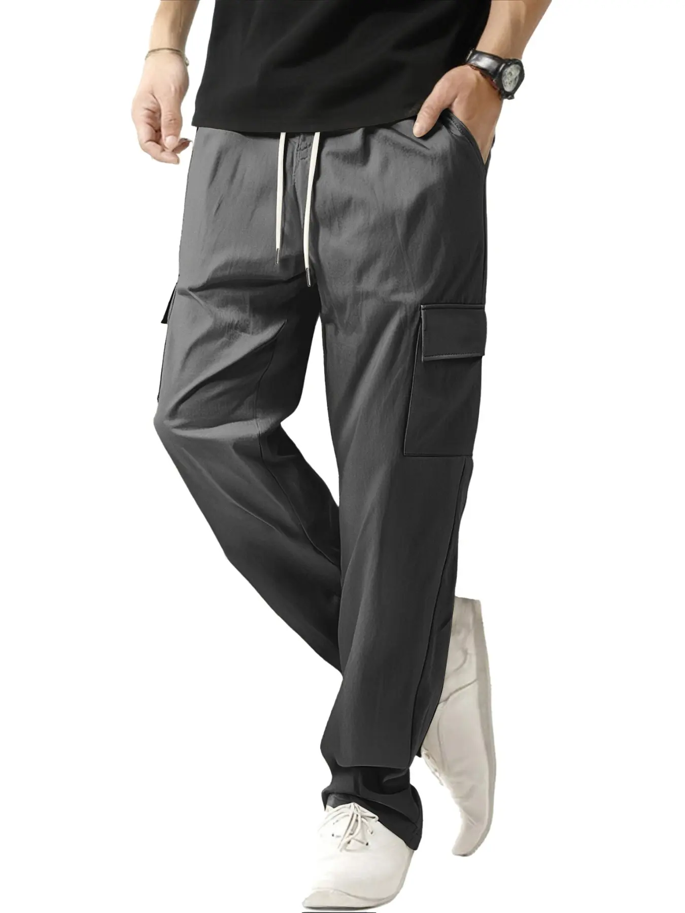 Men's solid color drawstring multi-pocket Cargo pockets straight barrel work pants, Casual Plain Trousers, autumn and spring season casual trousers, daily travel outdoor sports scenes, Casual Trousers