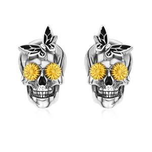 Butterfly Pirate Skull Stud Earrings in 925 Sterling Silver