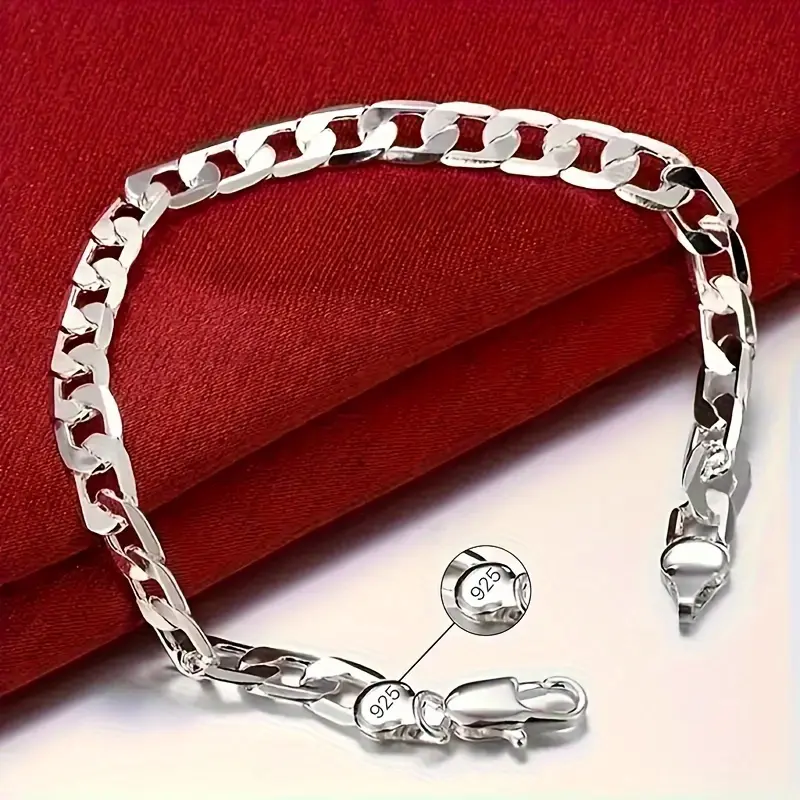 Men's 8-Inch 925 Sterling Silver Bracelet - Fashion Simple Style, Flat Design, Daily Casual Wear Accessory, 1 Pack, Bracelets
