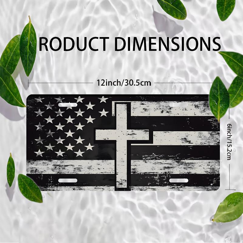 1PC 2D Flat Black and White Cross License Plate Cover and Frame with American Flag Floral Decoration Suitable for Any Standard Front License Plate Cover and Frame Iron Rust-Resistant Decoration 12inch x 6inch