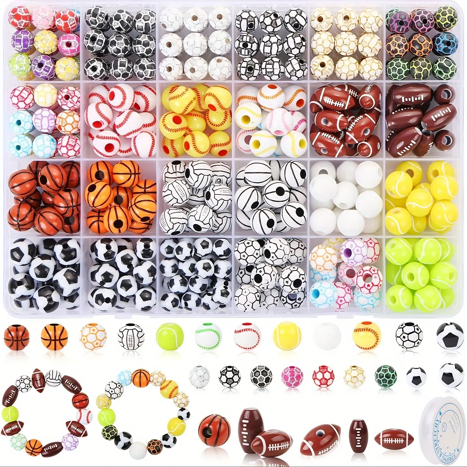 400pcs Sports Series Set - Soccer, Basketball, Volleyball and other ball-shaped polymer clay beads, includes one elastic cord, suitable for DIYing various sports-themed accessories.