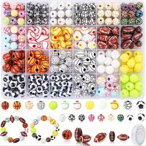 400pcs Sports Series Set - Soccer, Basketball, Volleyball and other ball-shaped polymer clay beads, includes one elastic cord, suitable for DIYing various sports-themed accessories.