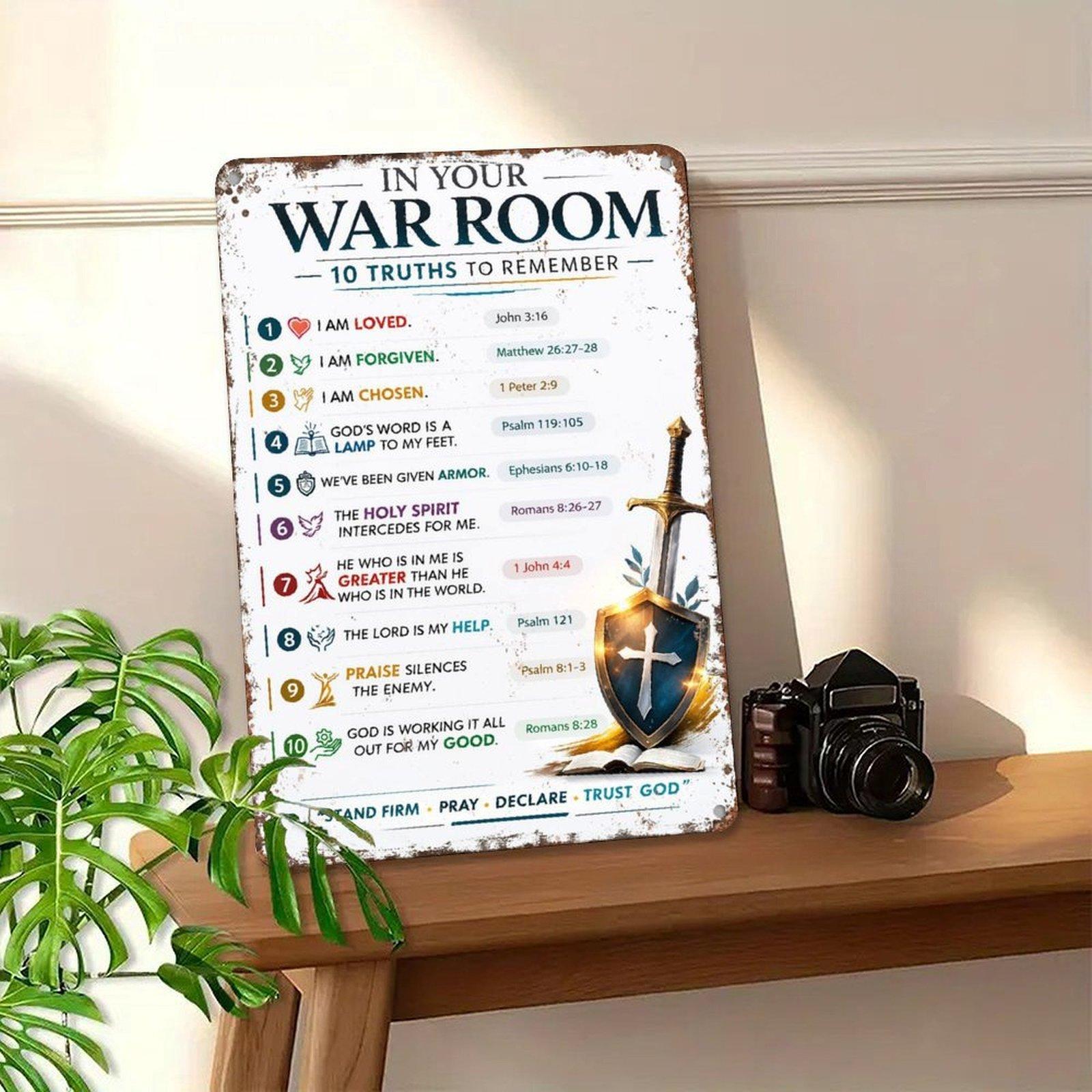 In Your War Room 10 Truths To Remember Christian Metal Sign - 8x12 Inch Retro Aluminum Wall Decor for Prayer Closet, Church - Gift for Faith & Spiritual Warfare