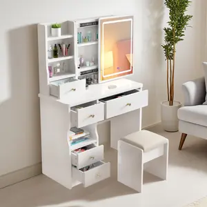 Makeup Vanity Table, Vanity Desk with Mirror and Lights,  Brightness Adjustable, Dressing Table Desk with 5 Drawers, Bedroom Vanity Desk for Women, White