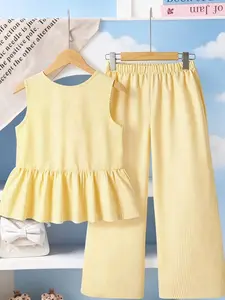 Toddler Girl's Striped Print Tank Top & Wide Leg Pants Two-Piece Set, Casual Sleeveless Top & Trousers for Daily Wear, Kids Clothing for Summer