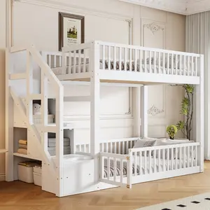 Twin over Twin Floor Bunk Bed with Storage Stairs,  Solid Wood Stairway Bunk Bed Frame with Full Length Guardrail, for Teens Adults