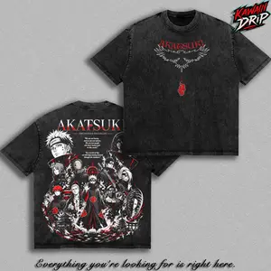 Akatsuki Clan Narutooo Shippuden Anime Double Printed Vintage Washed Tee Unisex Oversize Anime Manga Washed Heavyweight Cotton T-Shirt