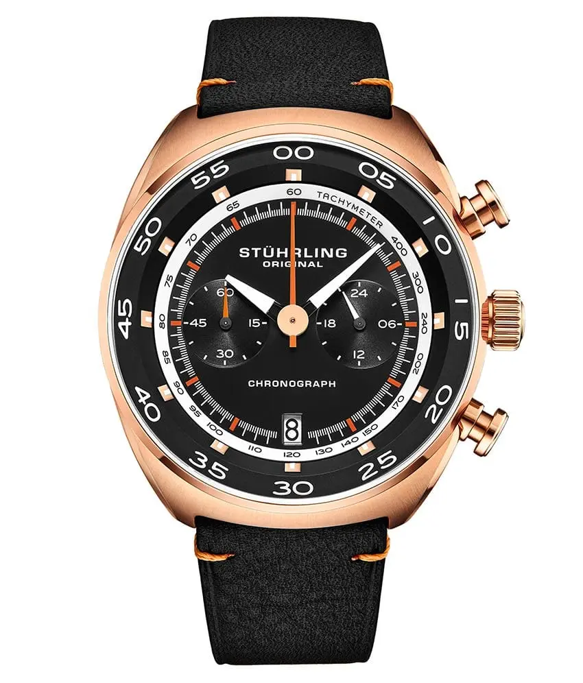 Men's Roadster Style Watch, 44mm Quartz Chronograph with Tachymeter, Genuine Leather Strap with Contrast Stitch, Driving / Ootd, Quartz Drive, Tachymeter Print, Start/Stop, Roadster Watch Style, Chic Fashion Men's Watches