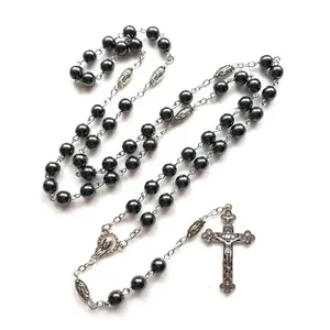 Hematite Stone Rosary Necklaces Beaded Cross Pendant Religious Men Neck Chain
