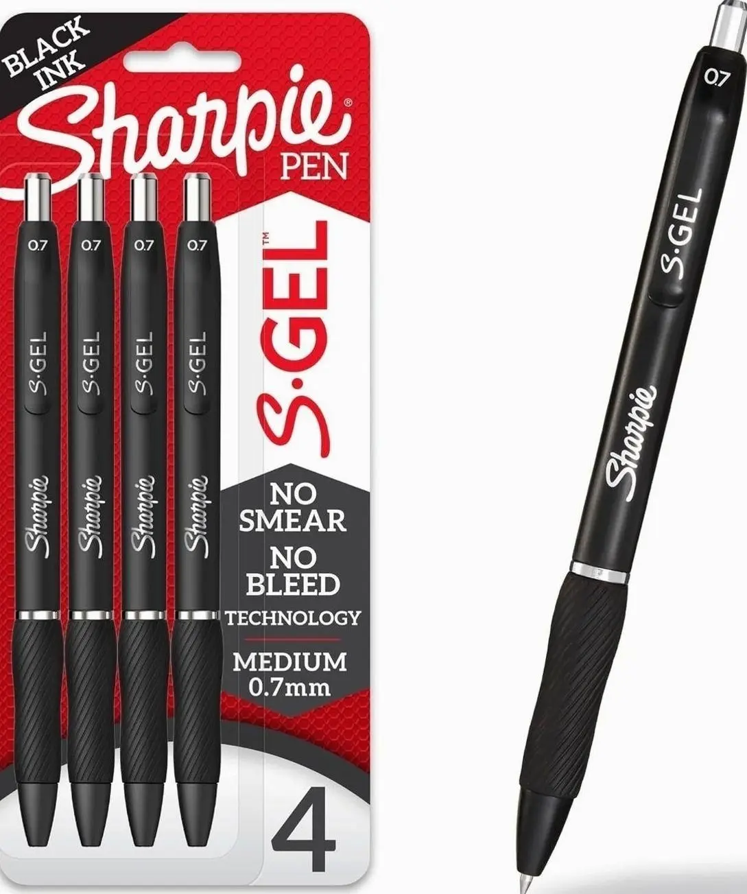 Sharpie S-Gel Pens, Medium Point (0.7mm), Black Ink, 4 Count - Ideal for Writing, Journaling, Drawing, Coloring, Note-Taking, College Supplies