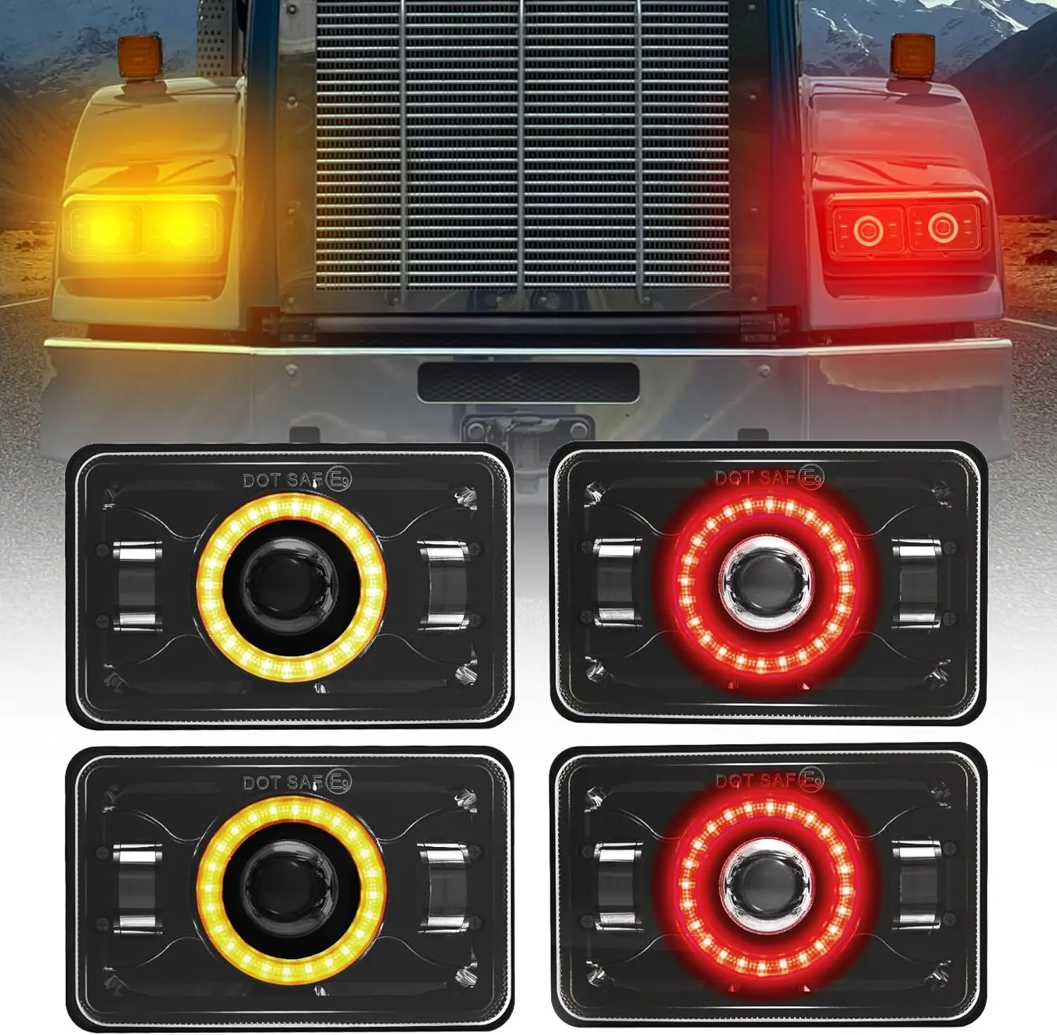 4x6 LED Headlights [DOT Approved] with Halo Red DRL Amber Turn Signal Light [High Low Sealed Beam] Compatible for Peterbilt 379 Kenworth T800 T600 Freightinger Ol-dsmobile Trucks