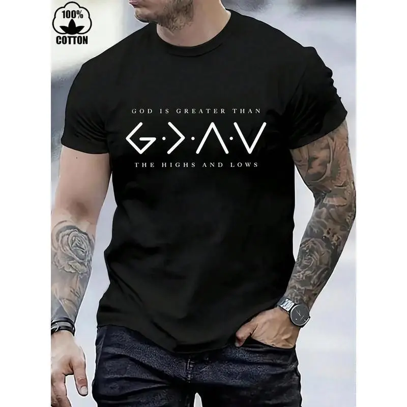 FEEGO Men's Pure Cotton God Is Greater Than The Highs And Lows T-Shirt, Men's 220g Heavy Cotton Christmas T-Shirt good  graphic tees  shirts  men Casual Crewneck