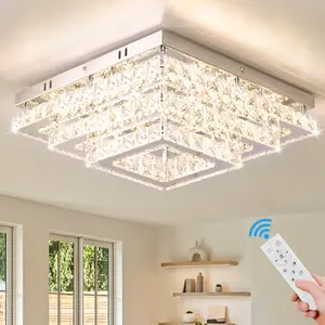 Living Room Luxury 3-Tier Square LED K9 Crystal Ceiling Light Chandelier Dimmable Remote Control Flush Surface Mounted Stainless Steel Indoor Restaurant Lighting QH-MC129